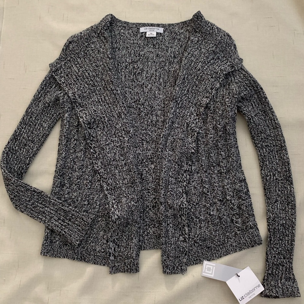 Liz Claiborne Black White Open Knit Cardigan rib cable Sweater PS marled tweed